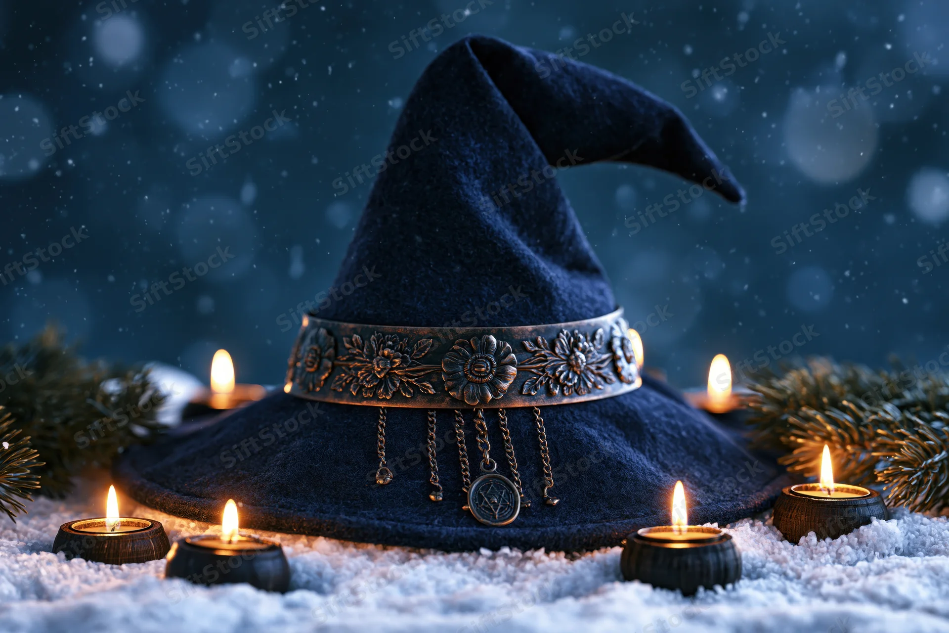 Dark navy felt witch hat with embossed floral metal band resting on snow surrounded by lit candles and pine branches at night