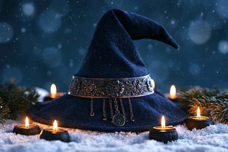 Dark navy felt witch hat with embossed floral metal band resting on snow surrounded by lit candles and pine branches at night