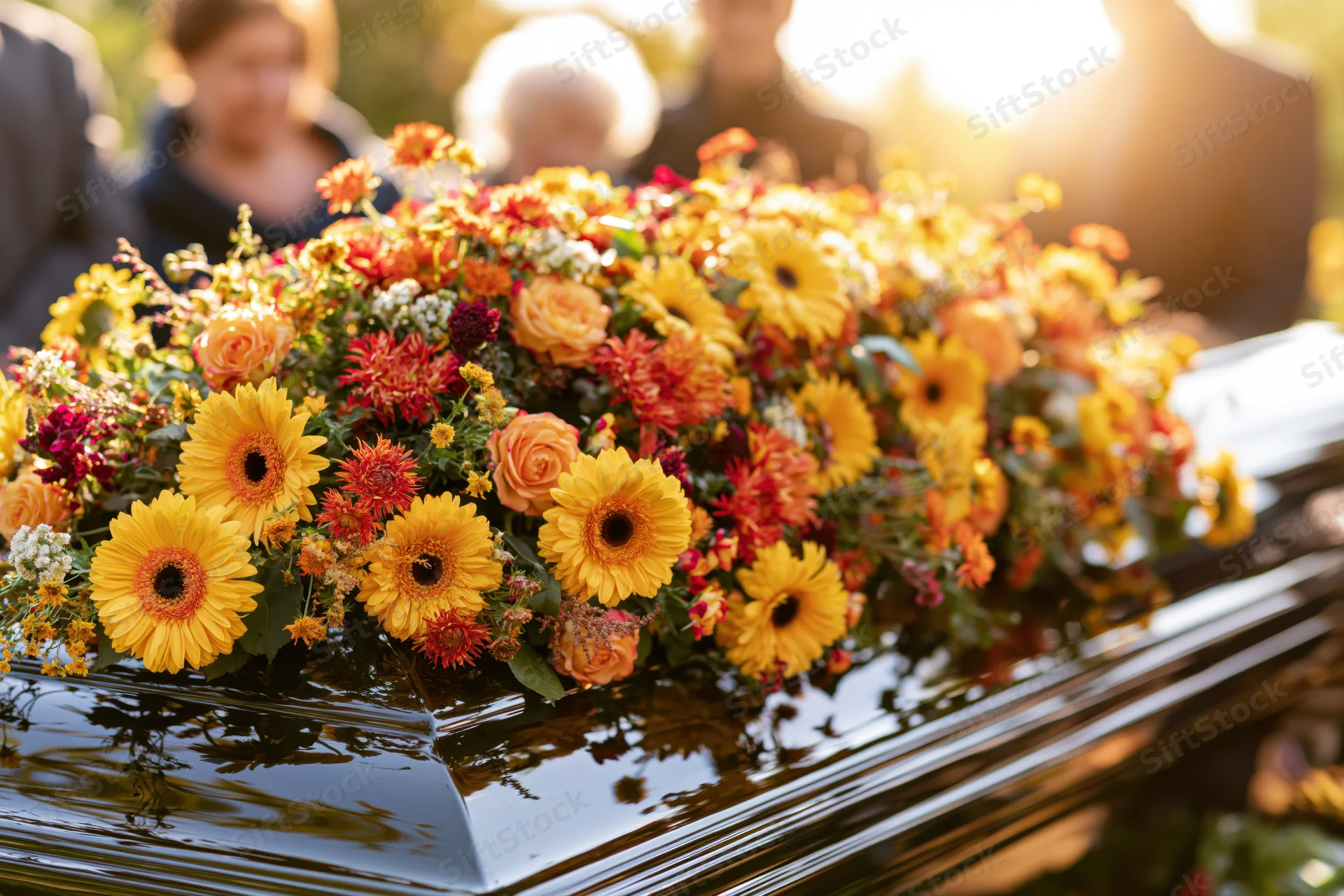 Floral arrangement on a dark polished wooden casket at a funeral ceremony outdoors