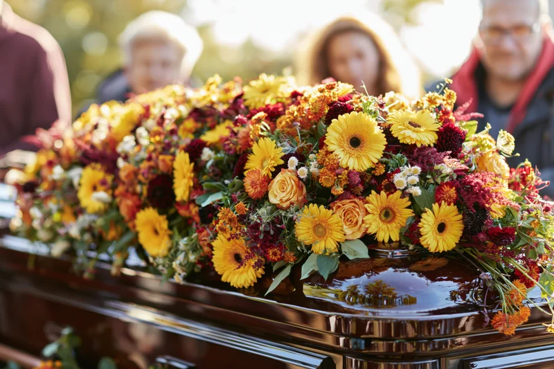 Floral arrangement on polished wooden casket at outdoor funeral ceremony