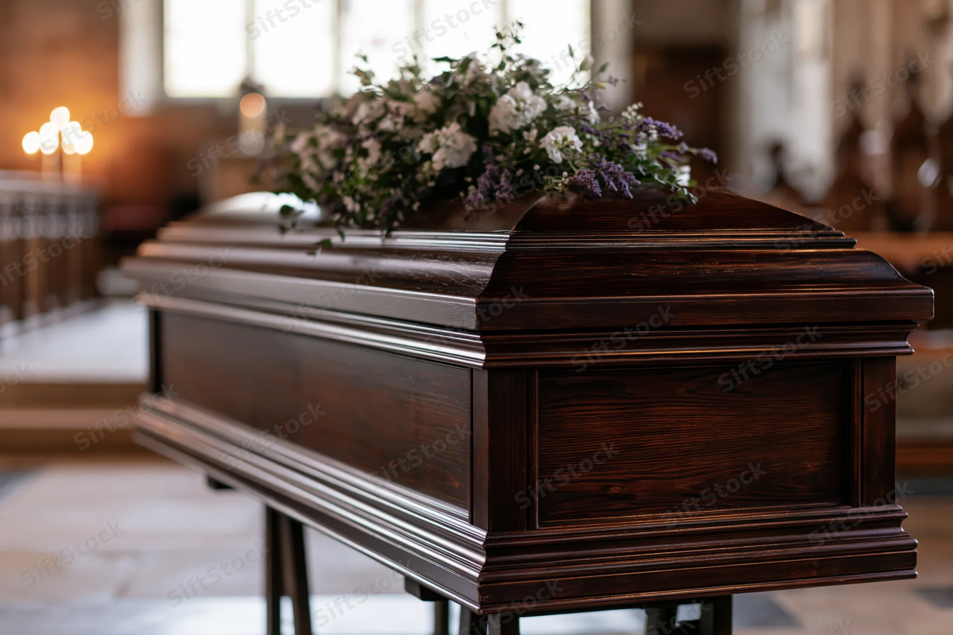 Dark polished wooden coffin with floral arrangement inside church during funeral service