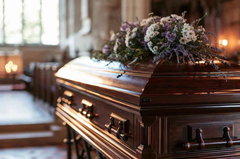 Polished wooden coffin with floral arrangement inside church during funeral service