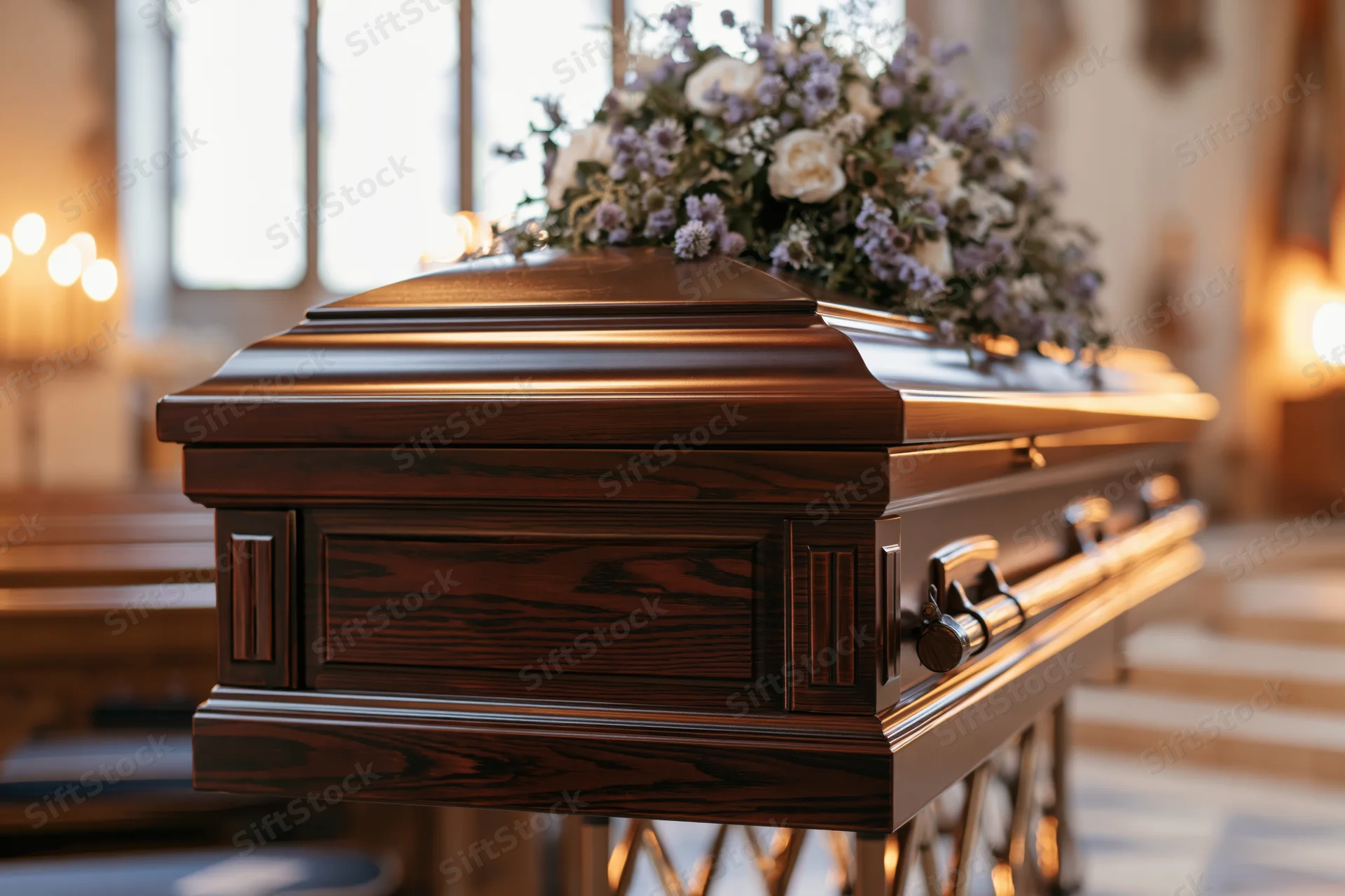 Dark polished wooden coffin on stand inside church with floral arrangement and soft lighting