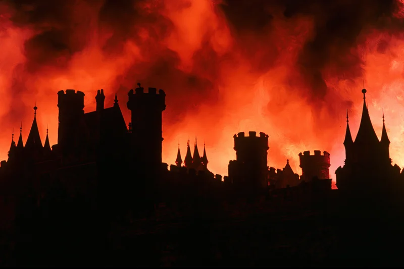 Dark silhouette of a medieval castle with multiple towers against a fiery red sky
