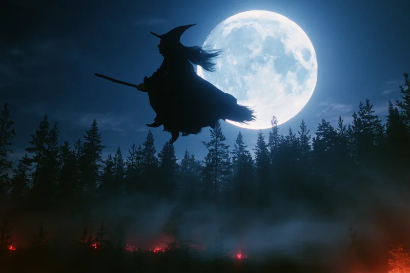 Witch flying on broomstick against full moon over misty forest at night