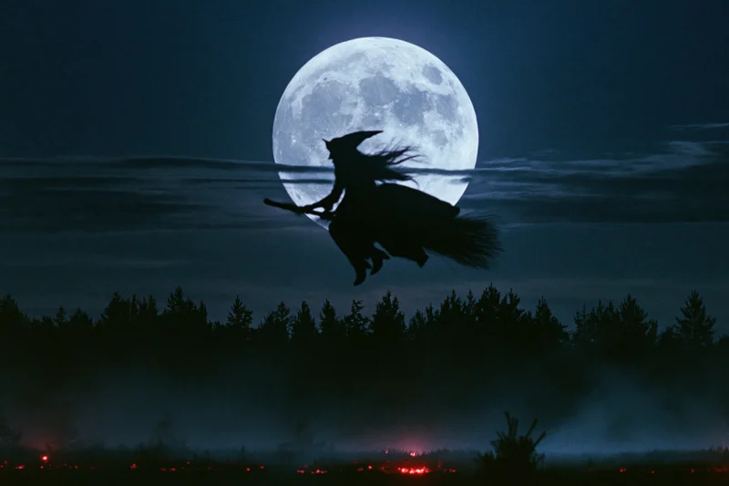 Witch flying on broomstick against full moon over forest at night