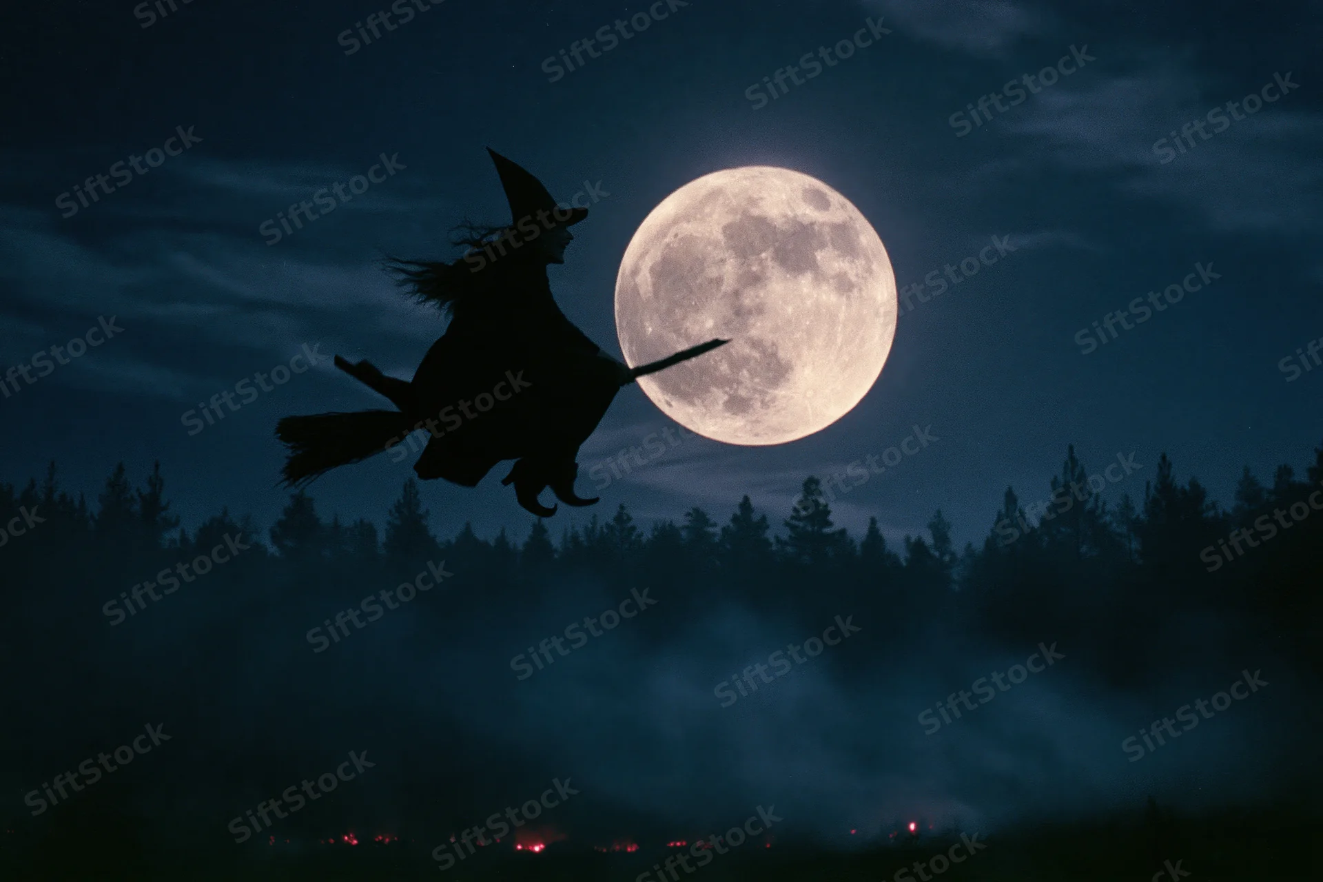 Witch flying on broomstick against full moon over misty forest at night