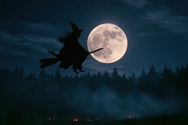 Witch flying on broomstick against full moon over misty forest at night