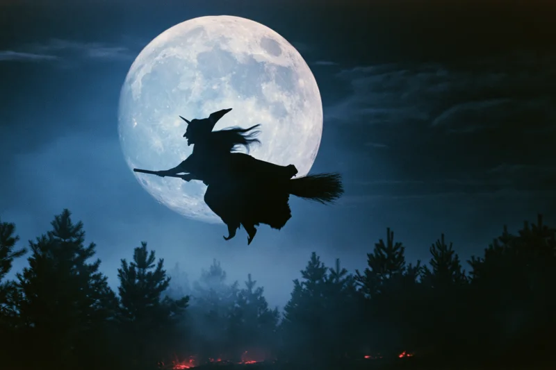 Witch flying on broomstick silhouetted against full moon over forest at night