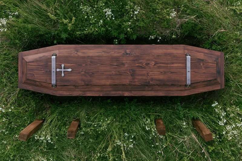 Dark walnut wooden coffin with silver cross and metal handles resting on grassy ground near grave markers