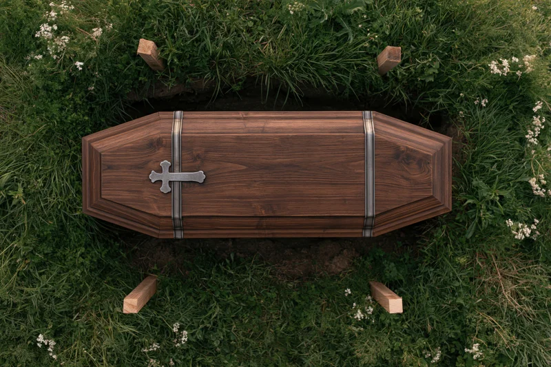 Wooden coffin with silver cross and metal straps resting in a grave surrounded by grass and white wildflowers