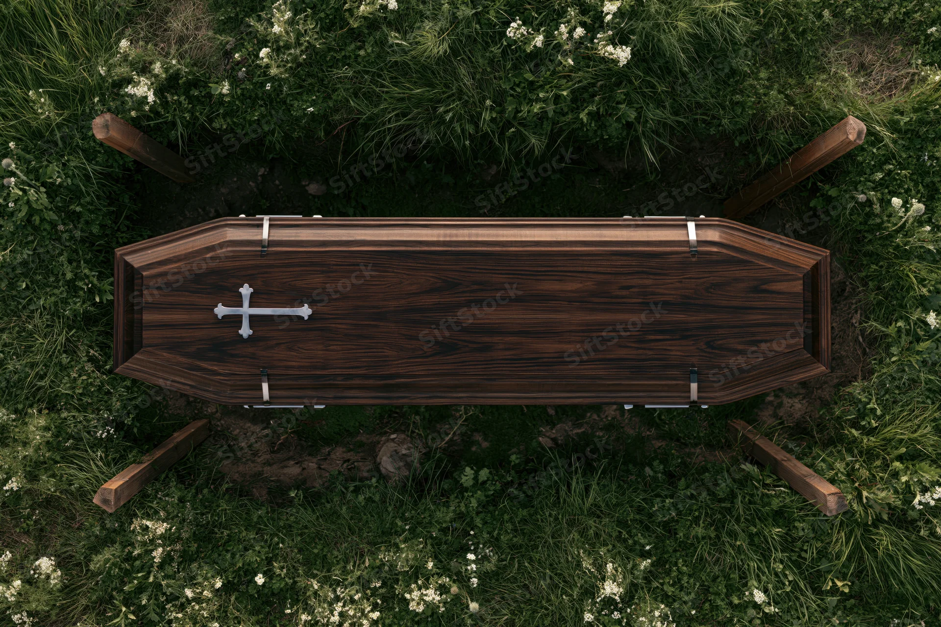 Dark walnut wooden coffin with silver cross and metal bands resting on grass in cemetery, overhead view