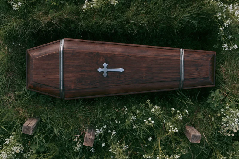 Dark walnut wooden coffin with silver cross and metal bands resting on grassy ground with white flowers