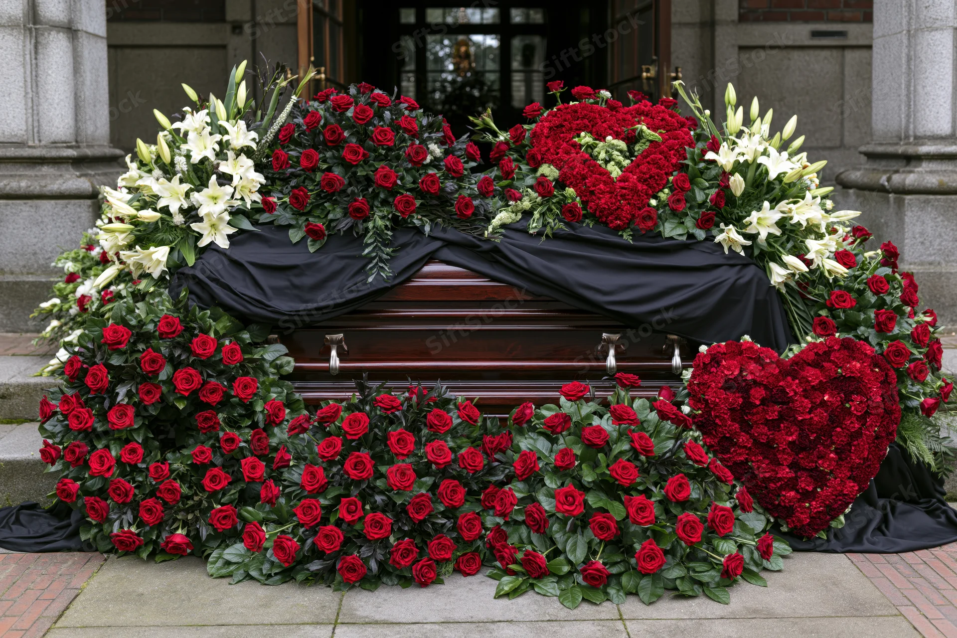 Dark wood coffin draped in black fabric surrounded by red roses and white lilies arranged in heart shapes outside a stone church entrance