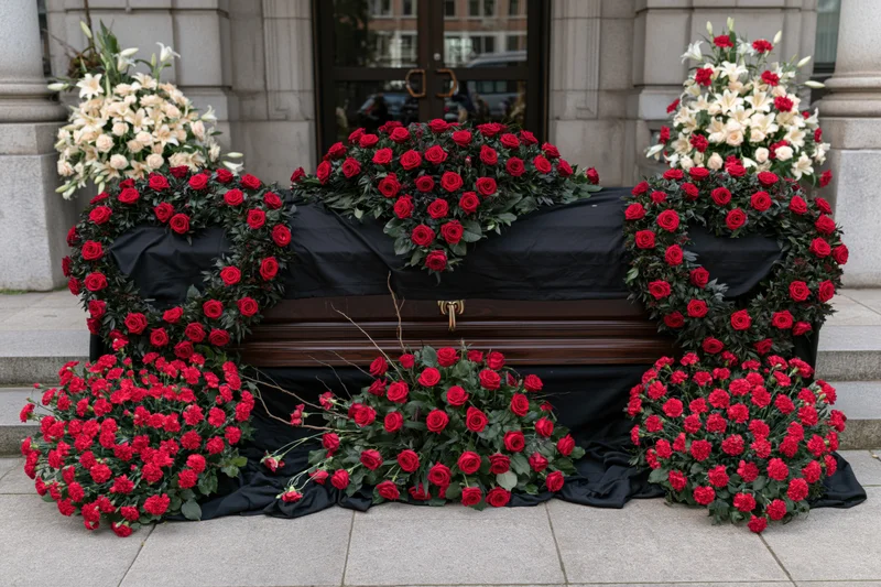 Dark wood casket draped in black fabric surrounded by elaborate floral arrangements of red roses and white lilies outdoors at a funeral home entrance