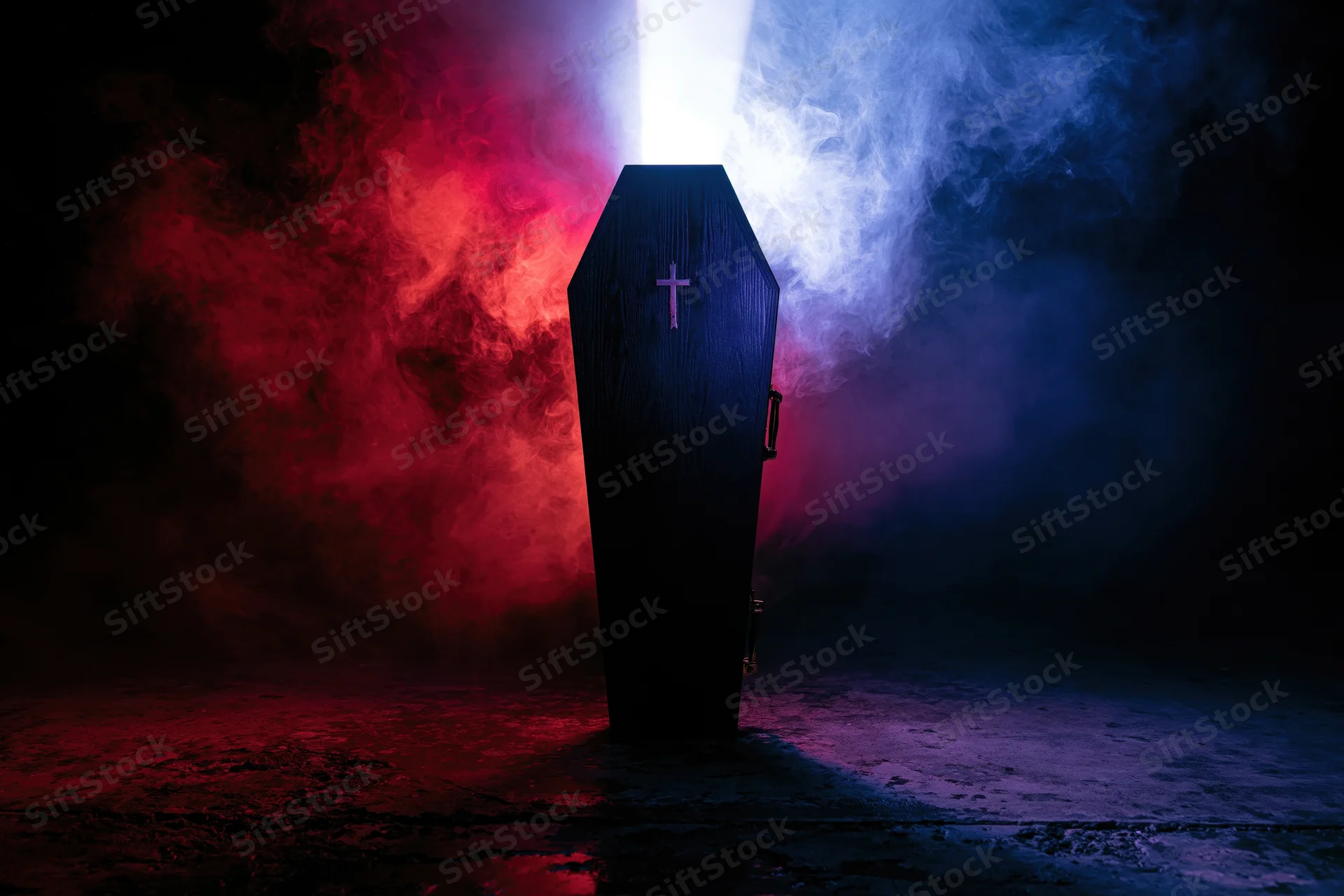 Dark wooden coffin with silver cross standing upright in smoky room lit by red and blue beams