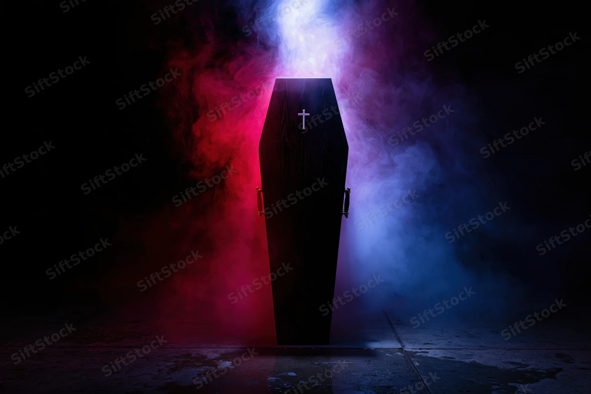 Dark wooden coffin with silver cross standing upright in smoky red and blue light