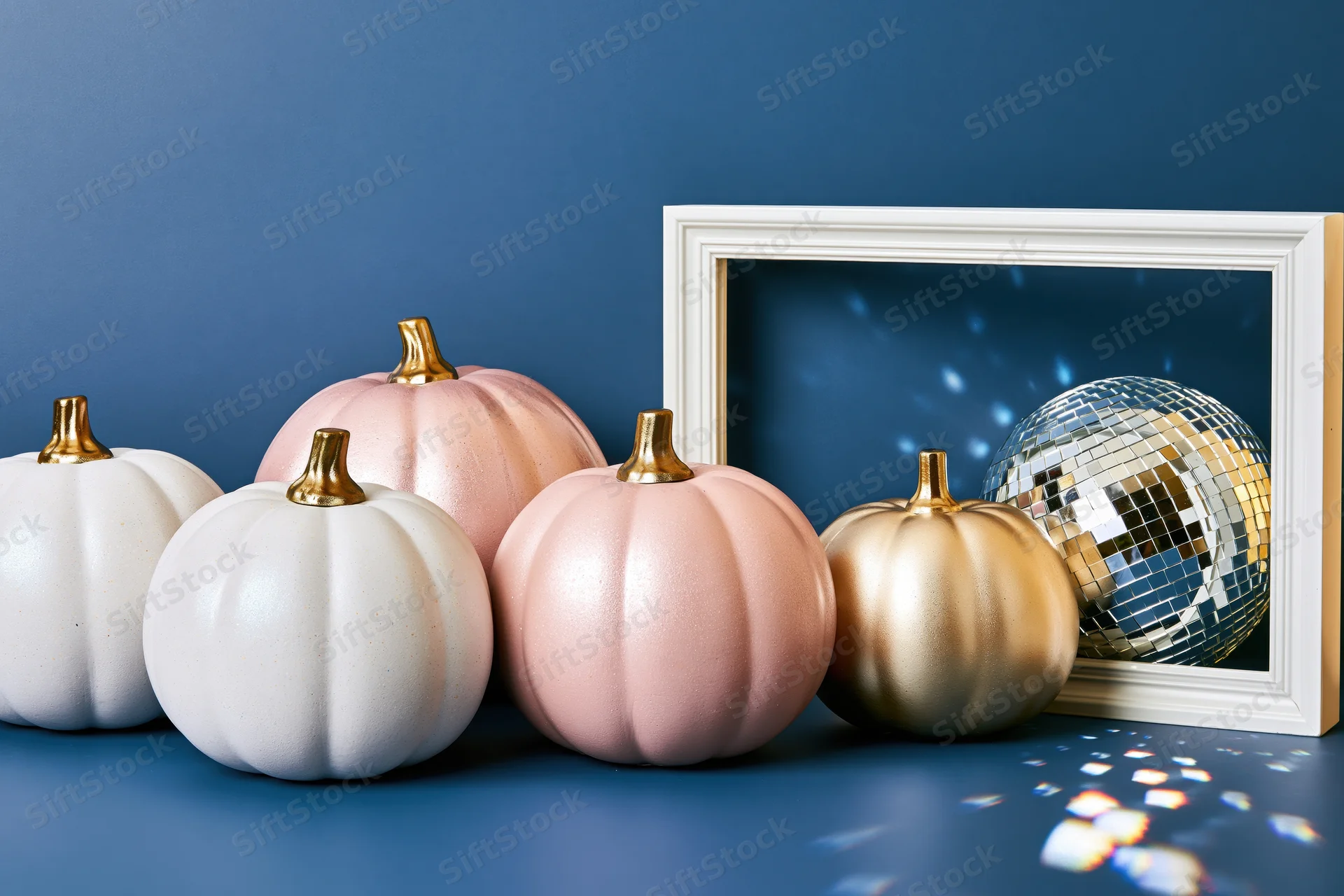 Decorative painted pumpkins and a mirrored disco ball arranged on a blue surface with a white frame in the background