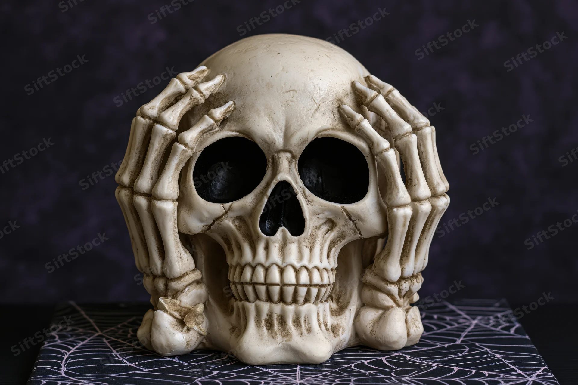 Resin skull figurine with skeletal hands pressed against its temples on a spiderweb-patterned surface