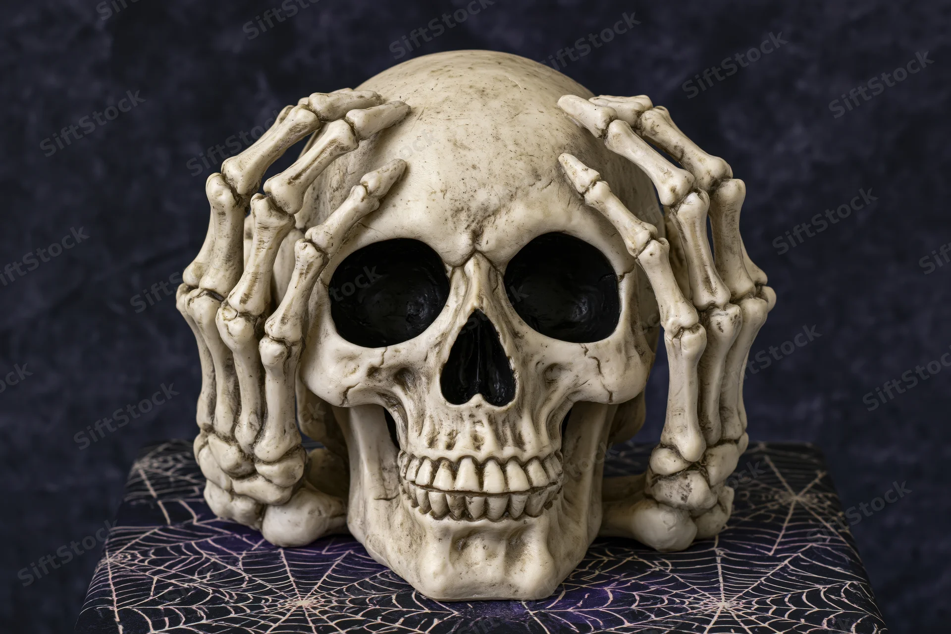 Resin skull figurine with skeletal hands pressed against its sides on a spiderweb-patterned surface