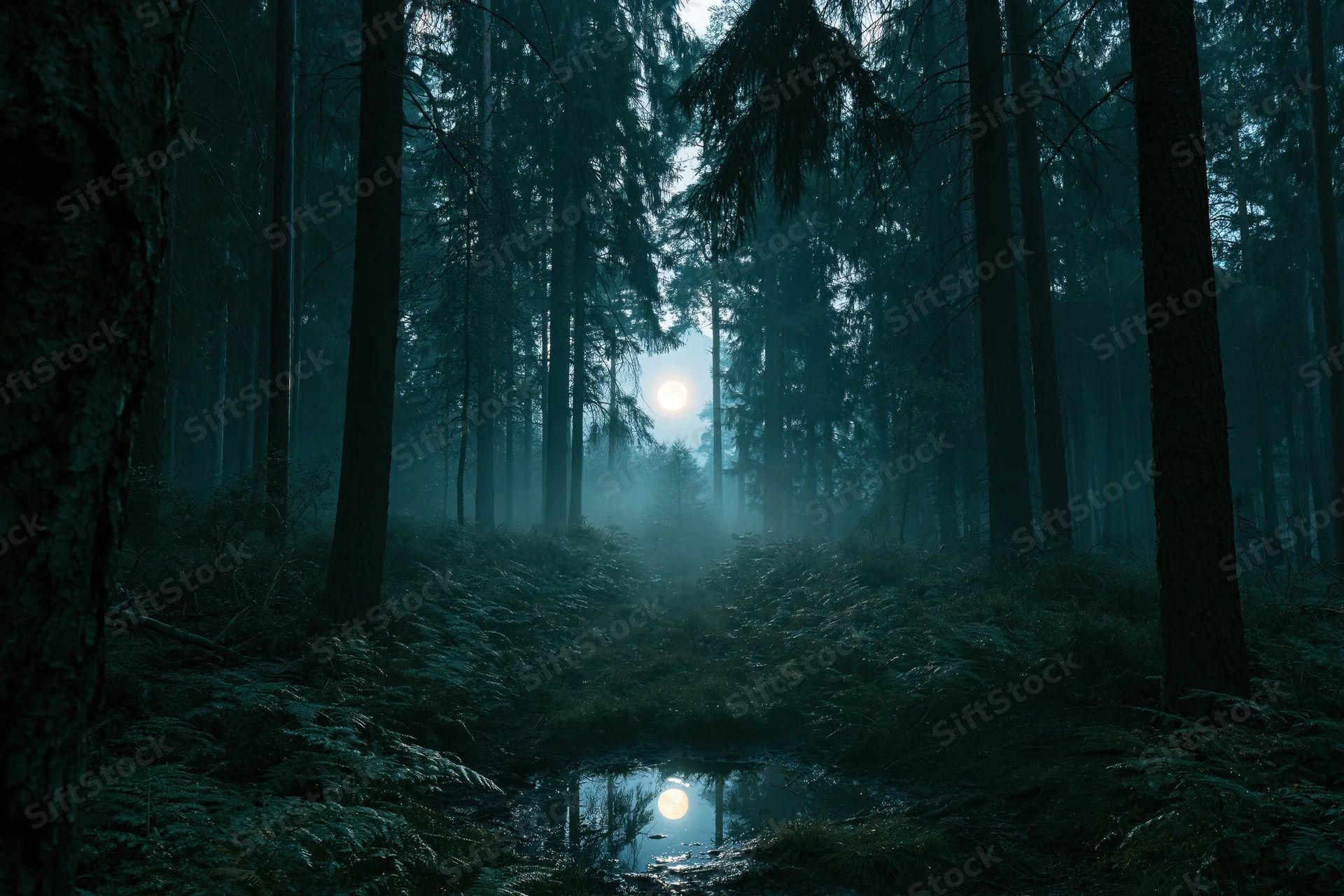Moonlit path through dense conifer forest at night with mist and reflection in a small pond