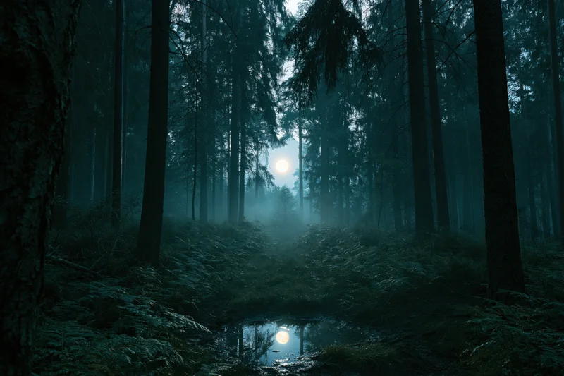 Moonlit path through dense conifer forest at night with mist and reflection in a small pond
