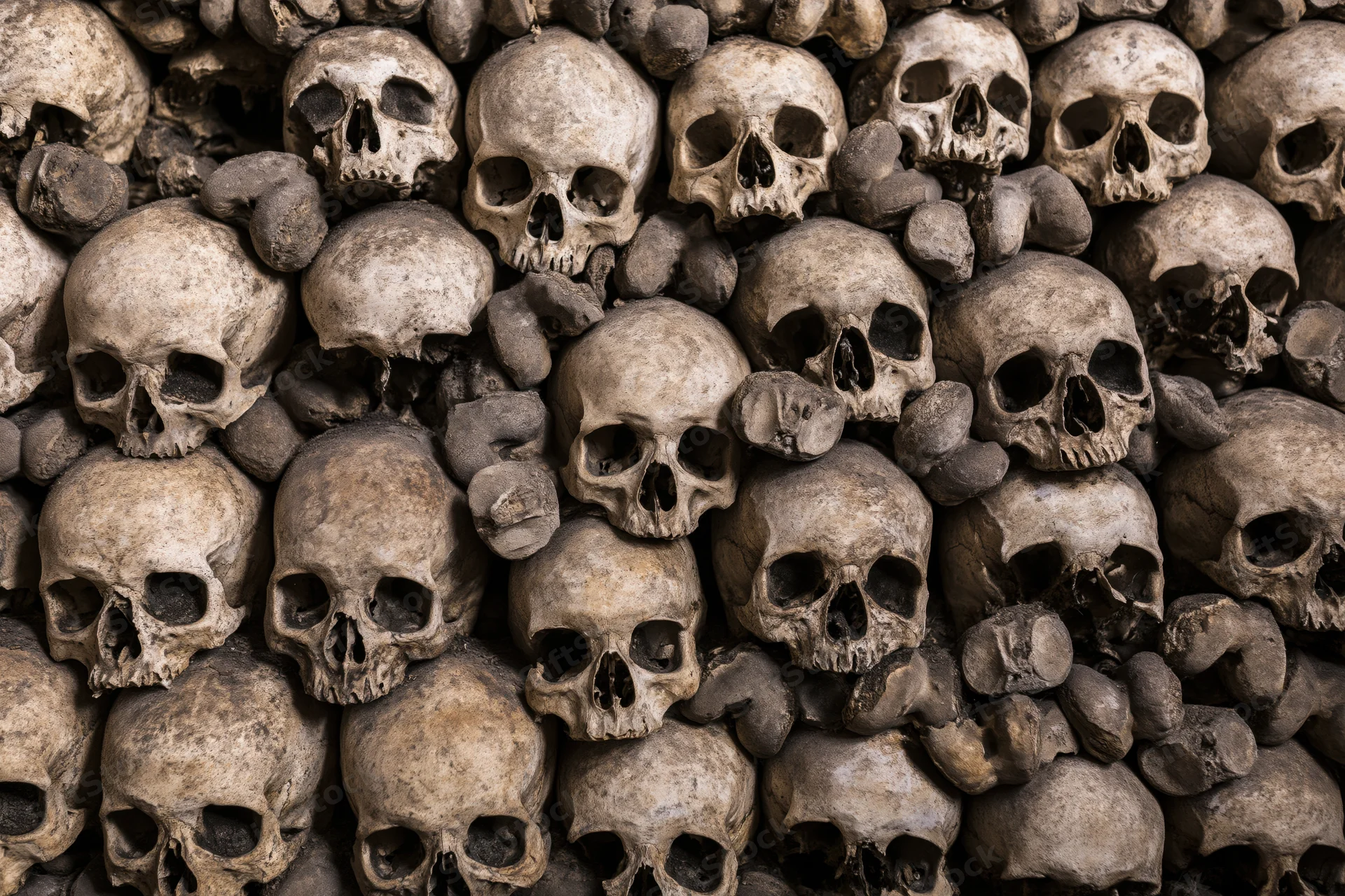 Densely packed aged human skulls and bones in an ossuary setting
