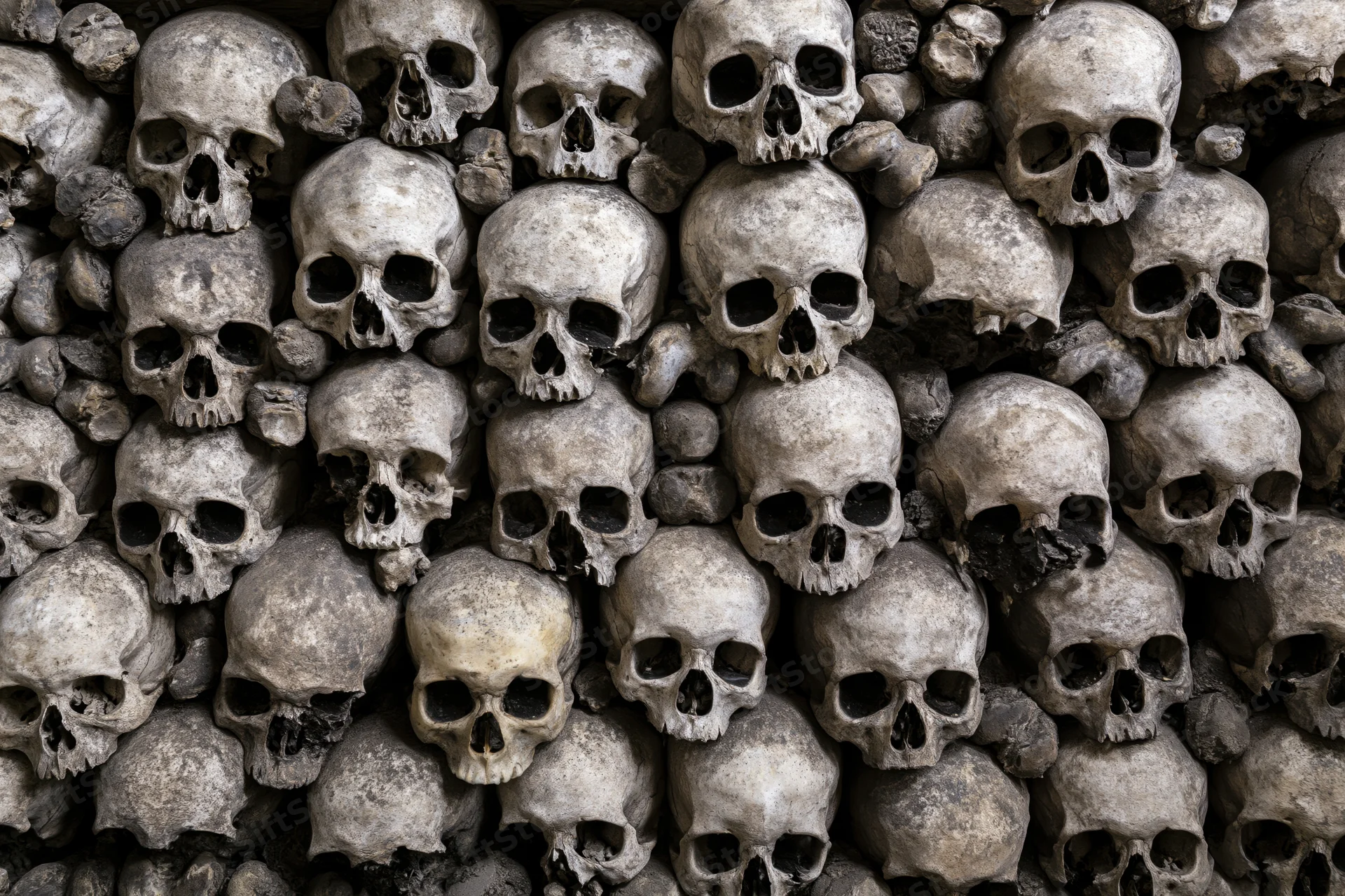Aged human skulls densely packed together in an ossuary