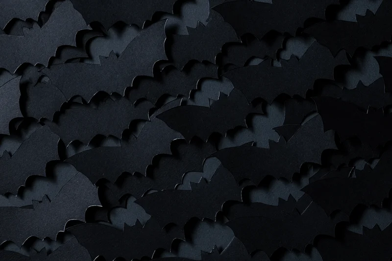 Black paper bat cutouts arranged in overlapping layers for halloween decoration
