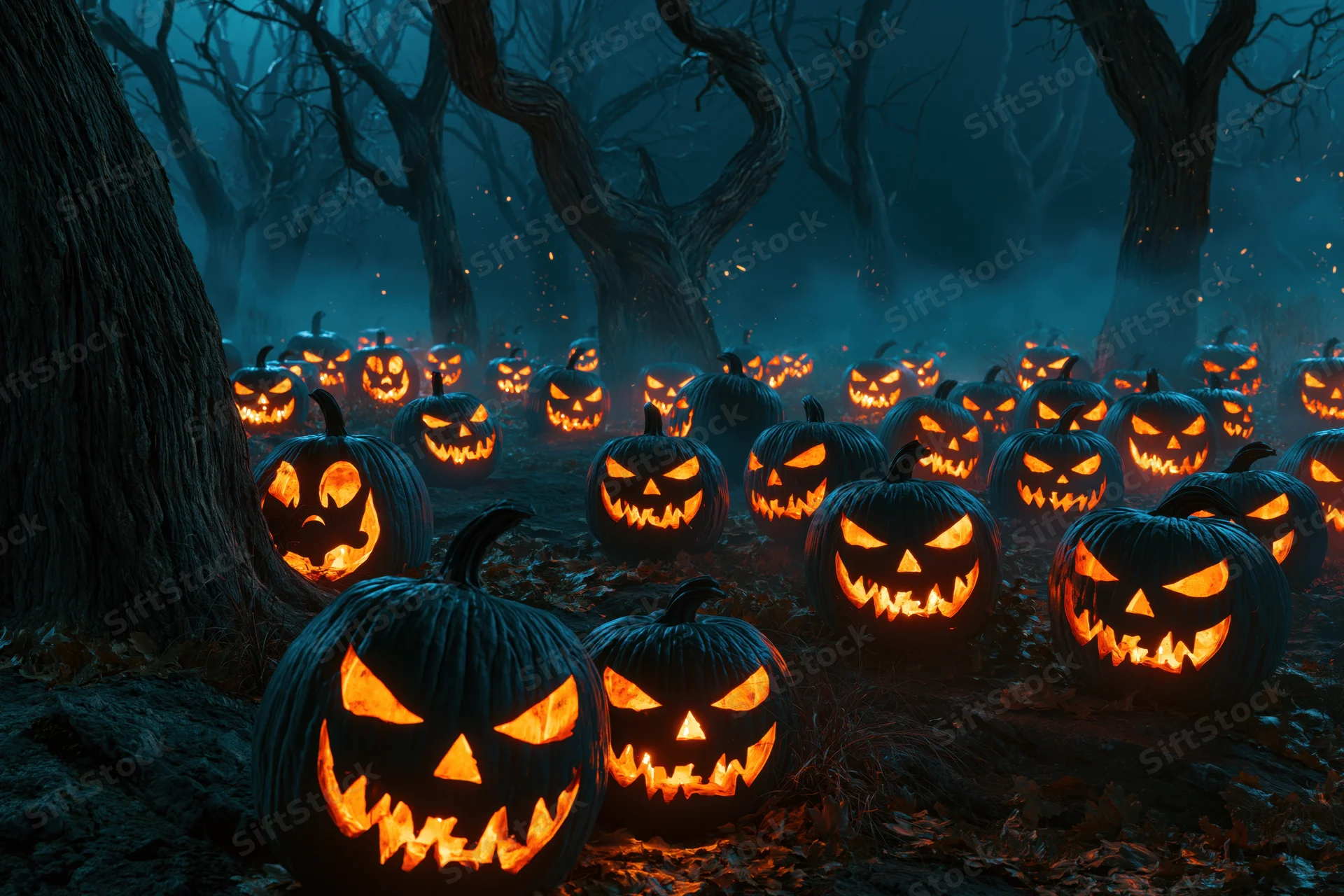 Dozens of carved jack-o-lanterns glowing in a dark misty forest at night