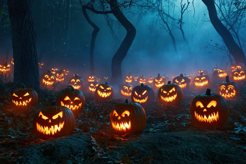 Dozens of carved jack-o-lanterns glowing in a dark misty forest at night