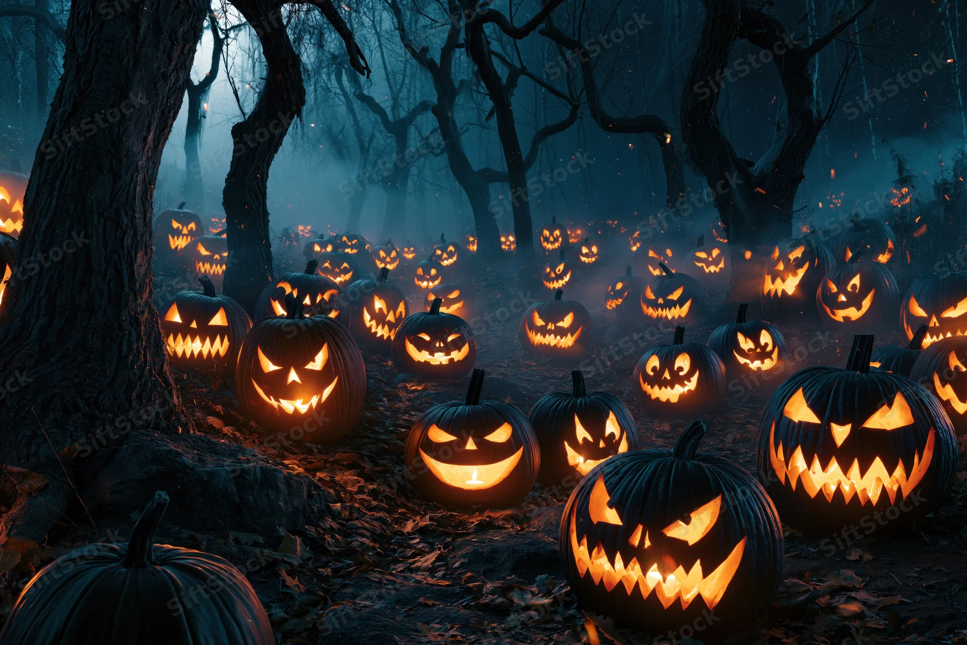 Dozens of carved jack-o-lanterns glowing in a dark misty forest at night