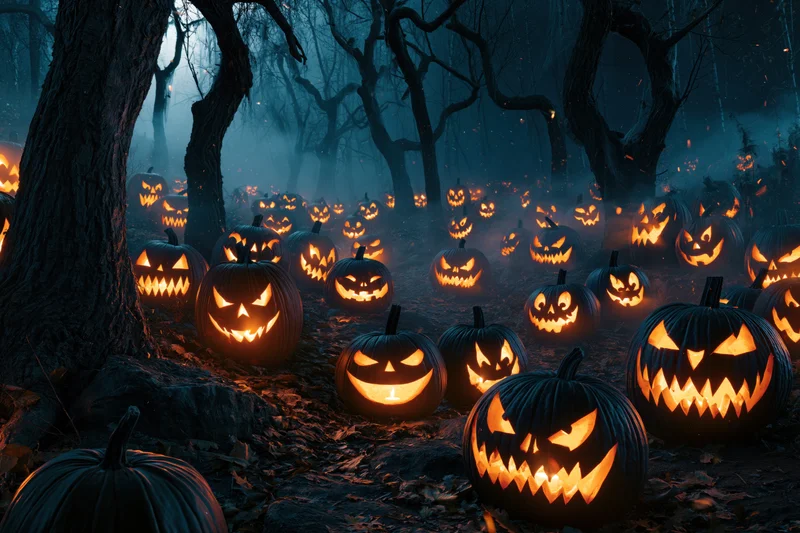 Dozens of carved jack-o-lanterns glowing in a dark misty forest at night