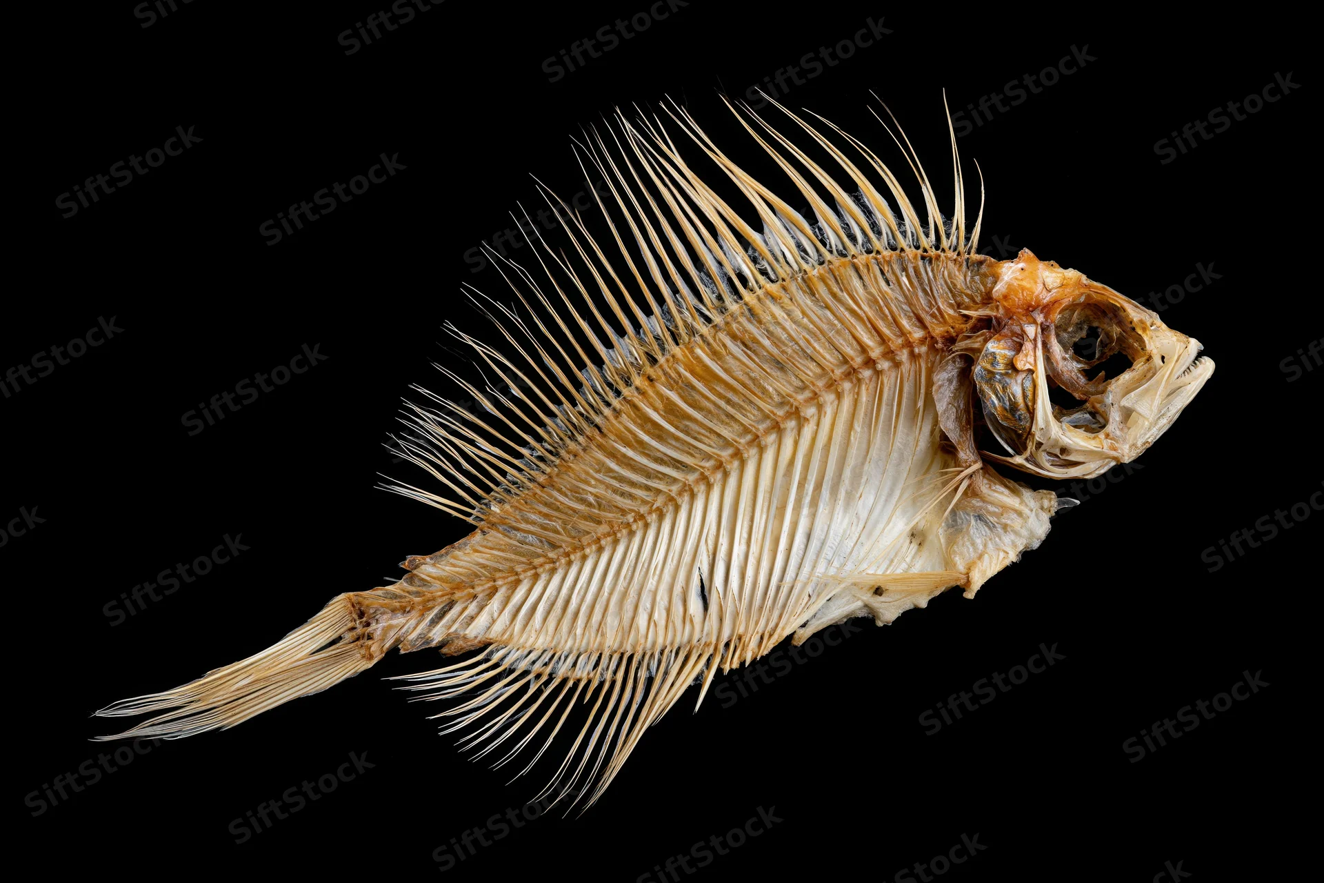 Dried fish skeleton in lateral profile against black background