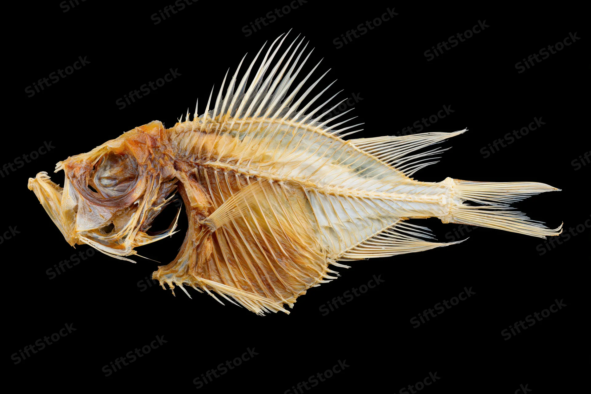 Dried fish skeleton in lateral profile against black background