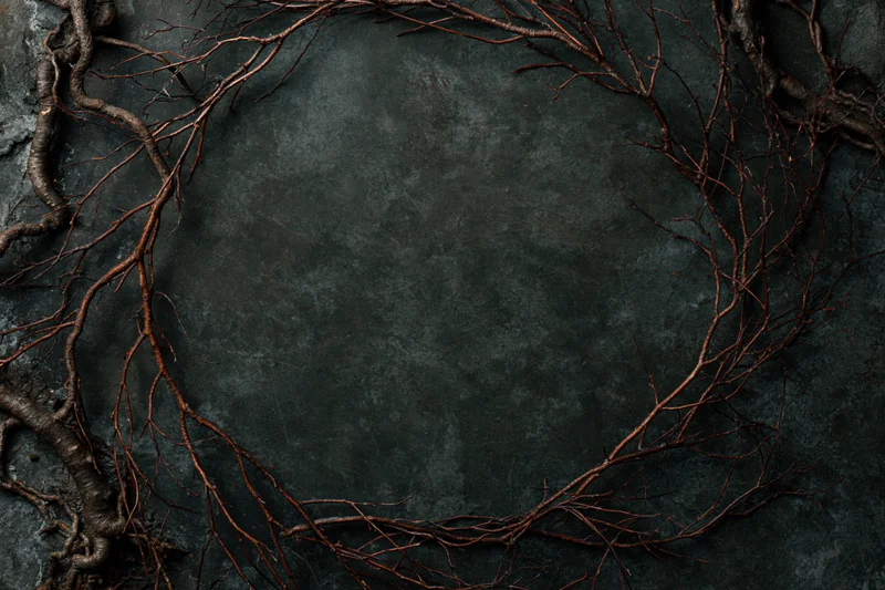 Dried tree branches and roots arranged in a circular frame on dark textured surface