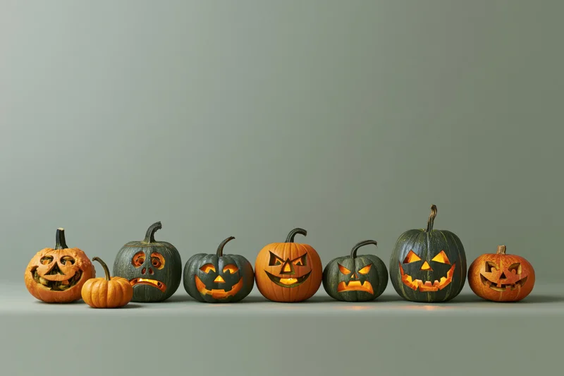 Eight carved jack-o-lanterns in a row on a neutral surface with glowing faces for halloween decoration