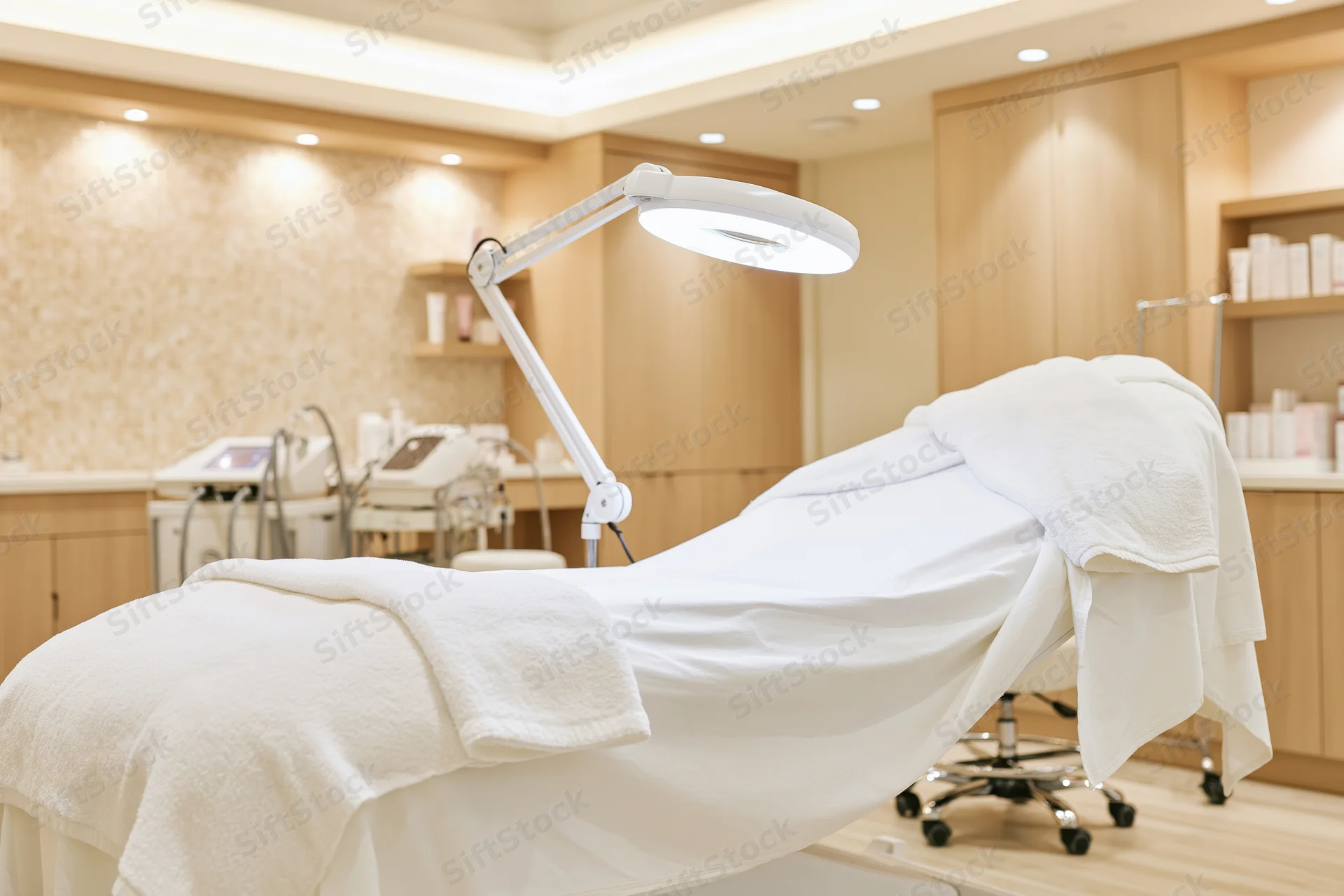 Empty aesthetic clinic treatment room with white reclined bed and lamp, wooden cabinetry and shelves in background