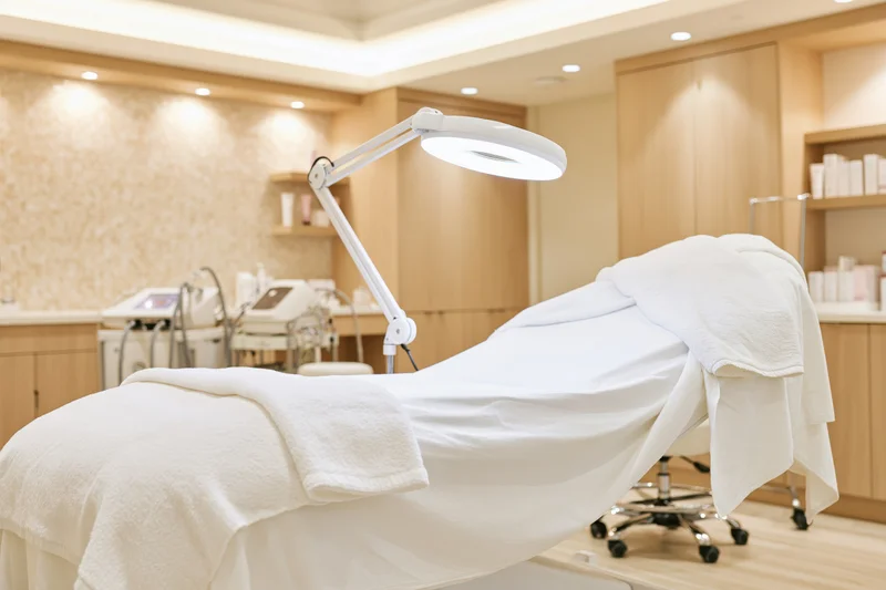 Empty aesthetic clinic treatment room with white reclined bed and lamp, wooden cabinetry and shelves in background