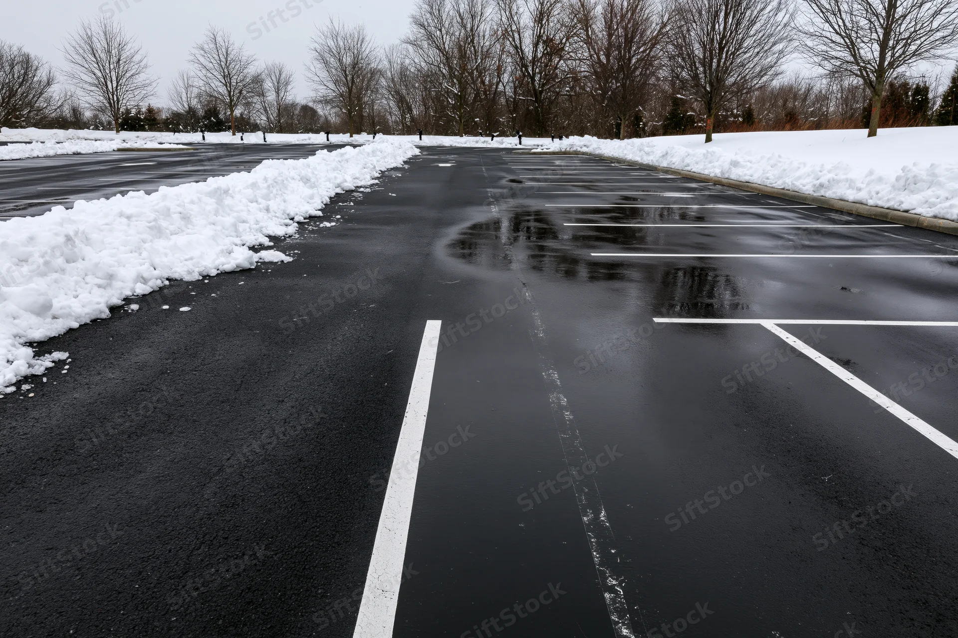 Empty asphalt parking lot with snowbanks and wet pavement under overcast sky