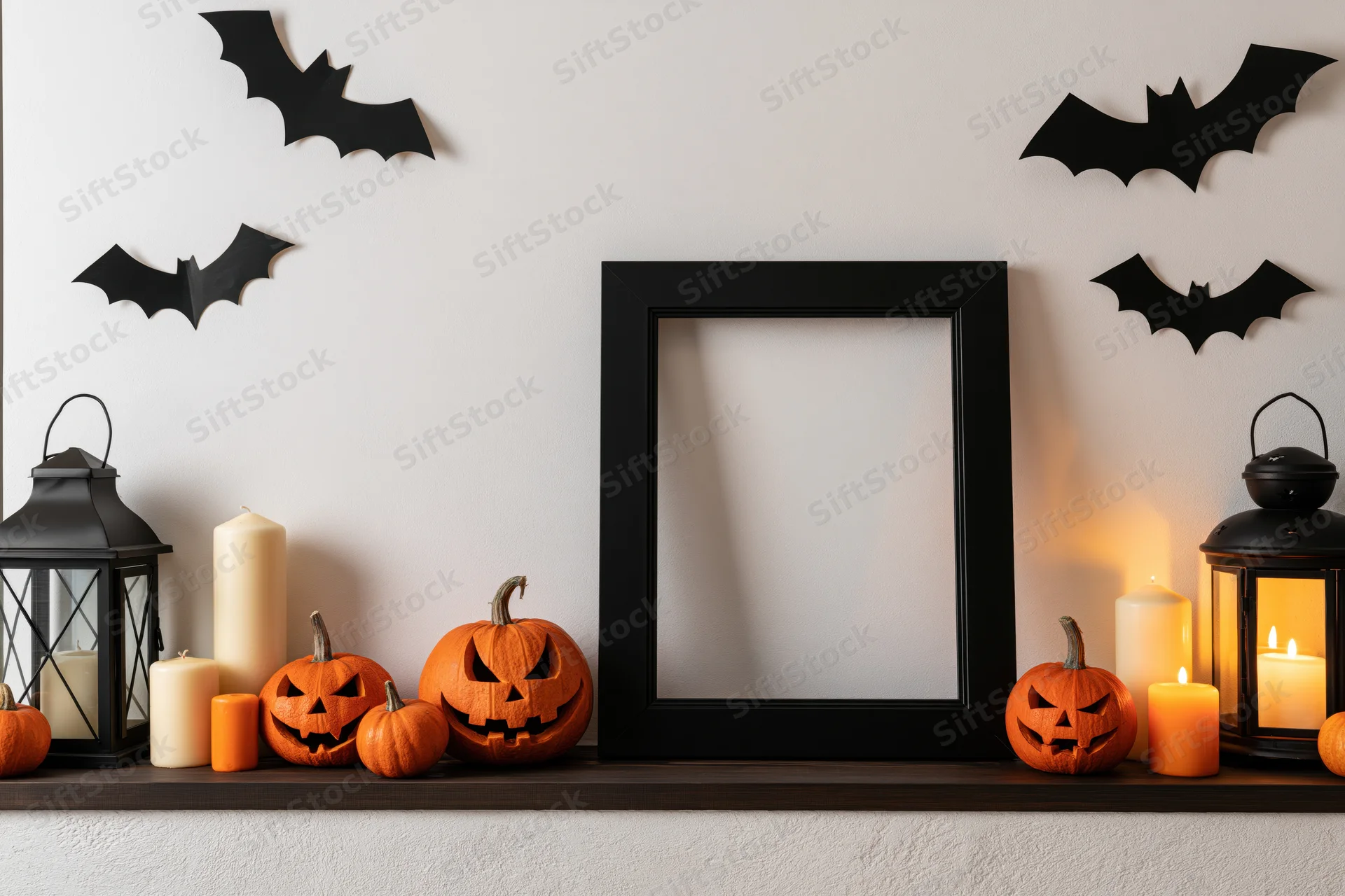Empty black frame on a shelf with halloween pumpkins, candles, and bats on the wall
