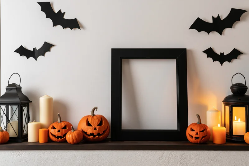 Empty black frame on a shelf with halloween pumpkins, candles, and bats on the wall