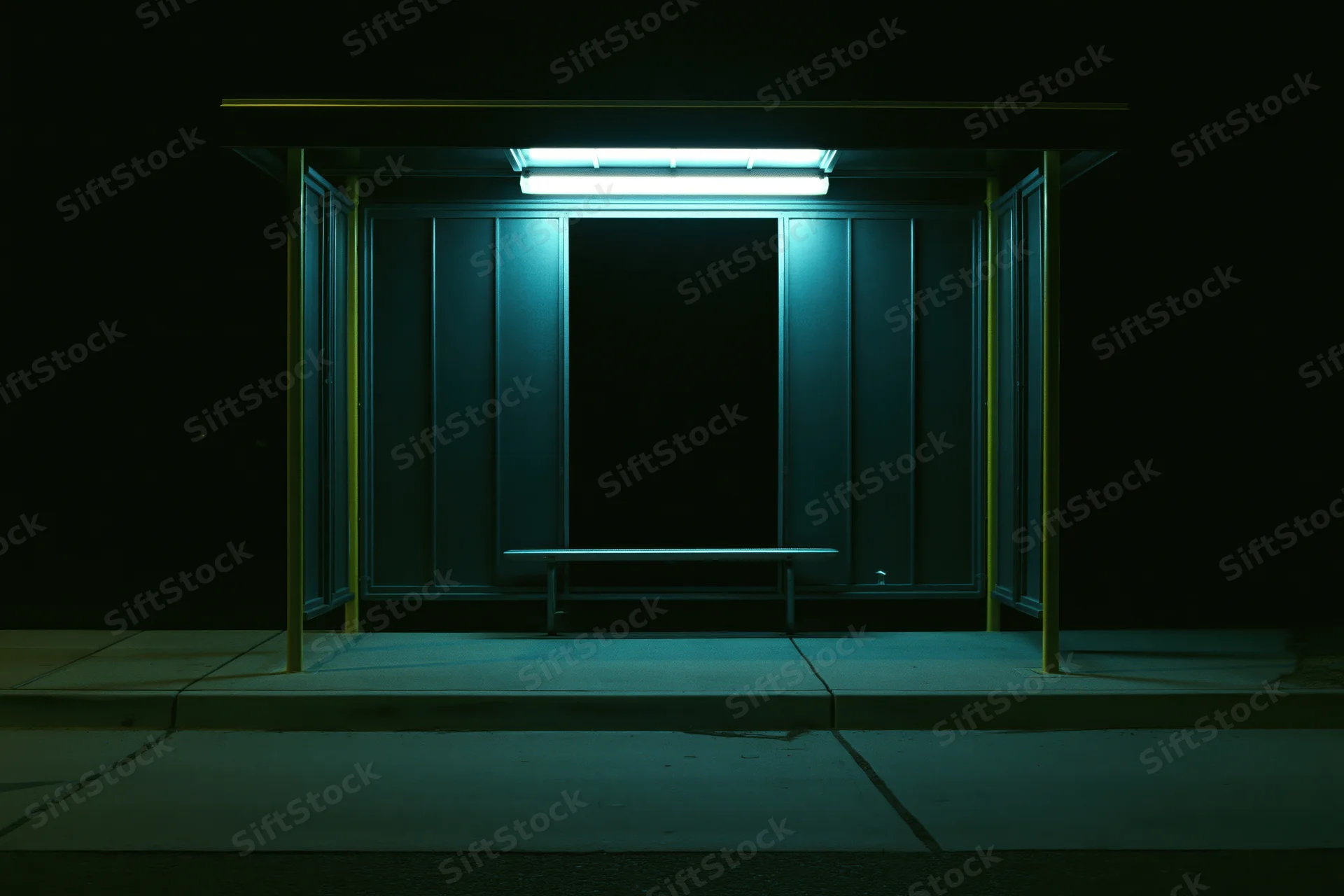 Empty bus shelter illuminated by a single fluorescent light at night on a city sidewalk