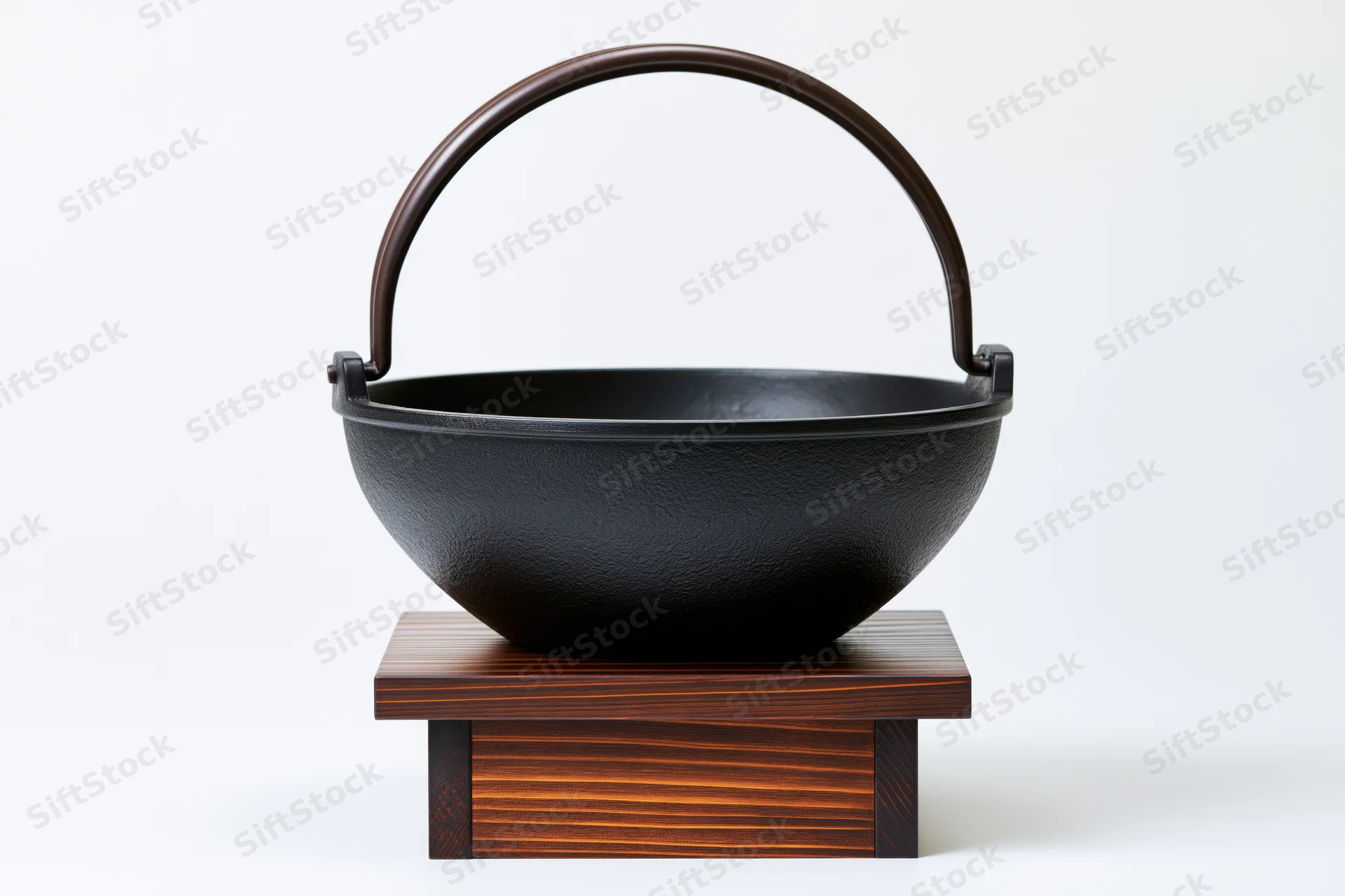 Black cast iron nabe hot pot with arched handle on wooden stand
