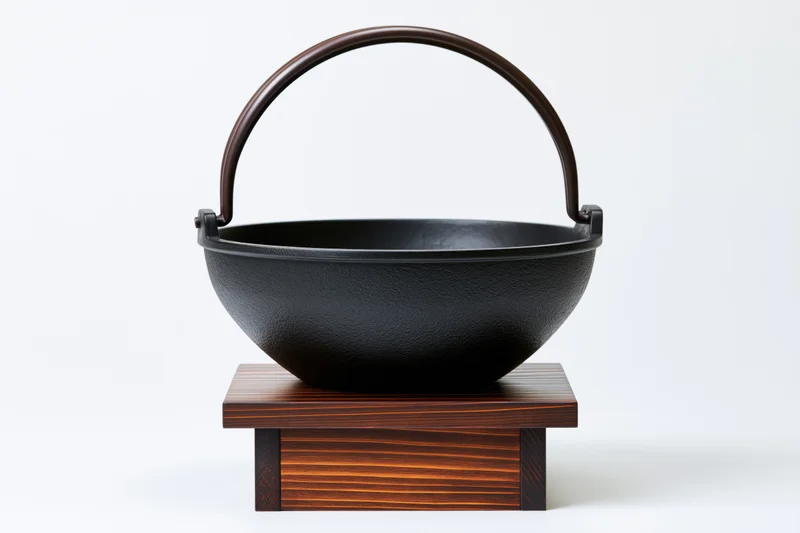 Black cast iron nabe hot pot with arched handle on wooden stand