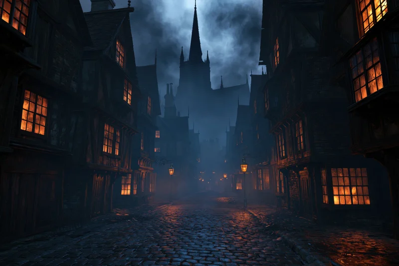 Empty cobblestone street at night in a decaying victorian gothic town with fog and glowing windows