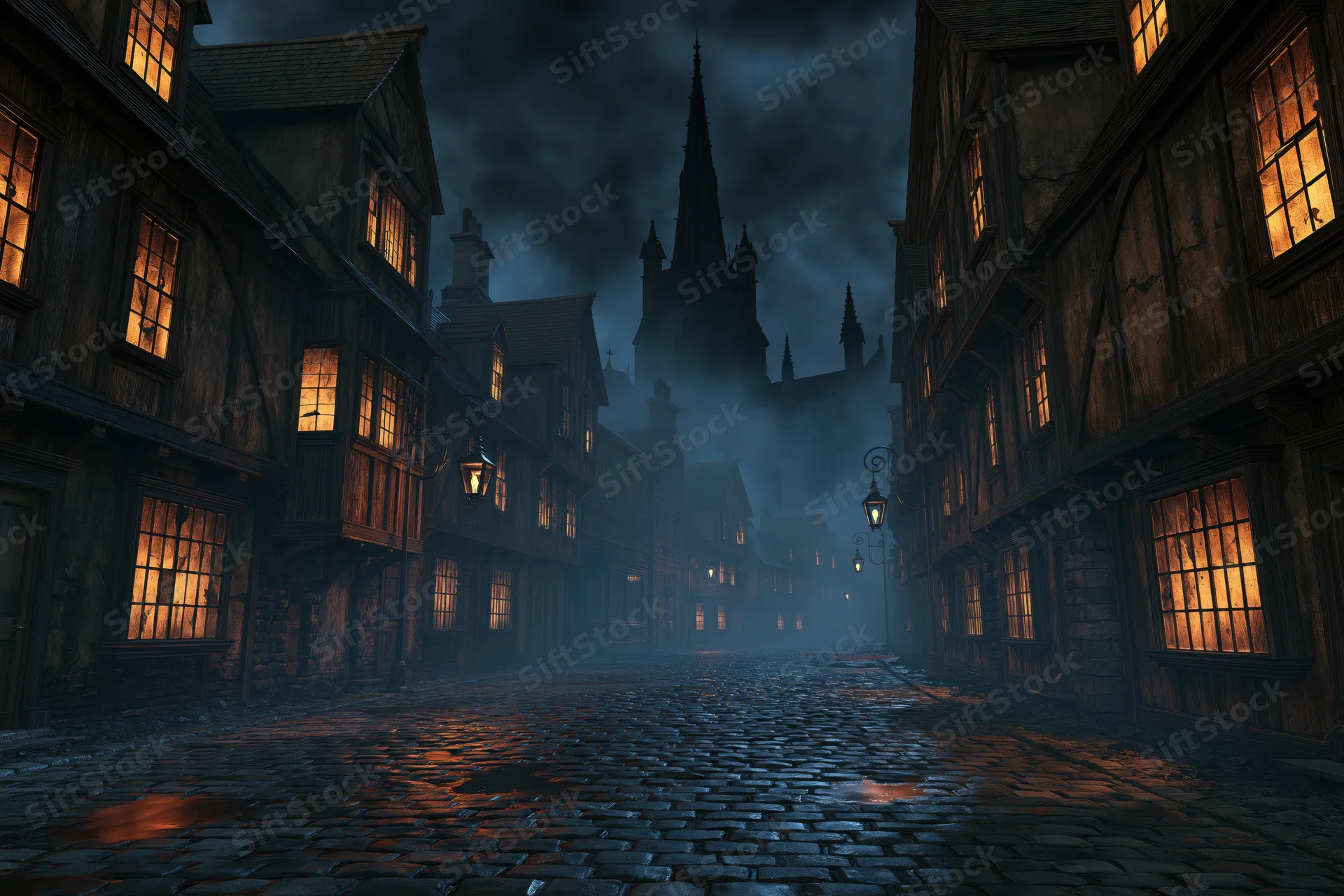Empty cobblestone street at night lined with lit victorian buildings and a gothic church in fog