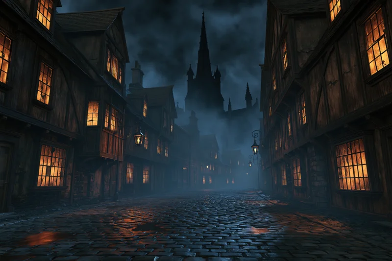 Empty cobblestone street at night lined with lit victorian buildings and a gothic church in fog