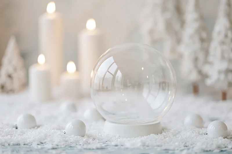 Empty glass snow globe on snowy surface with lit candles and white trees in background