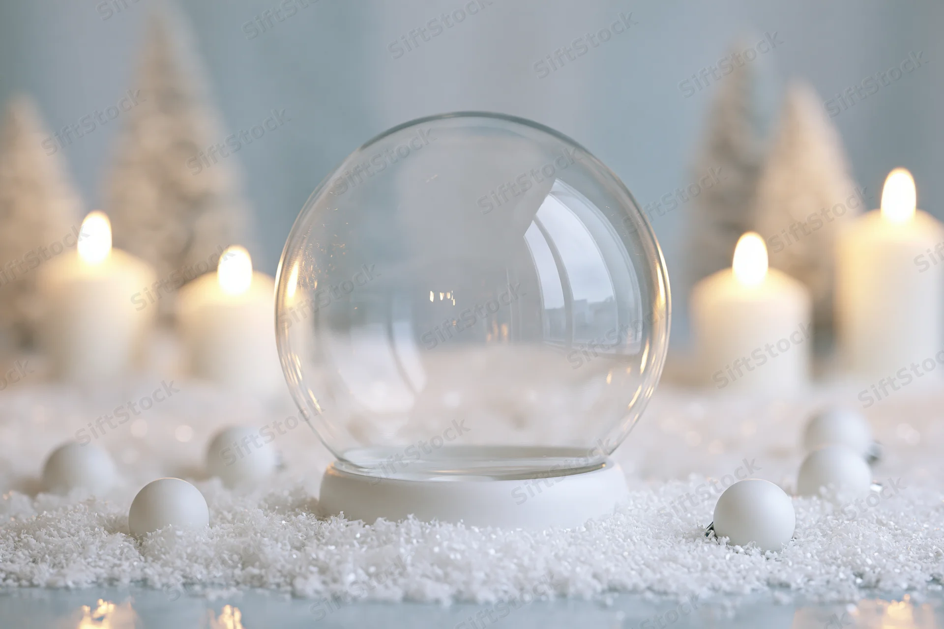 Empty glass snow globe on snowy surface with candles and miniature trees in background